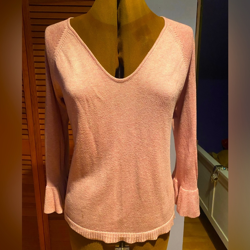 Lilla P V-neck sweater.  Soft antique rose color with bell sleeves.  Size M
